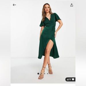 ASOS DESIGN midi satin wrap dress with tie waist in dark green